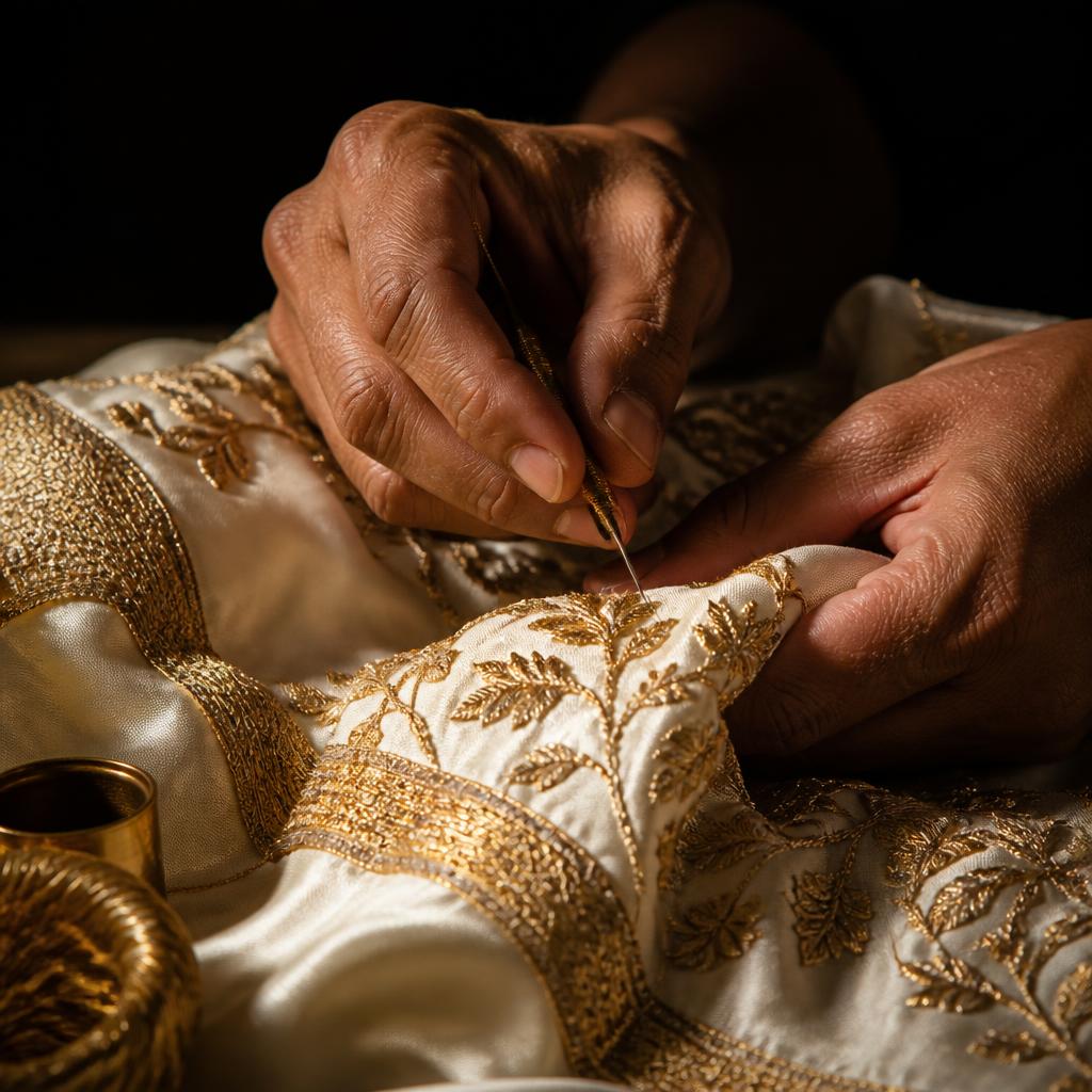 Close-up of hand-stitched gold zari embroidery on ivory silk