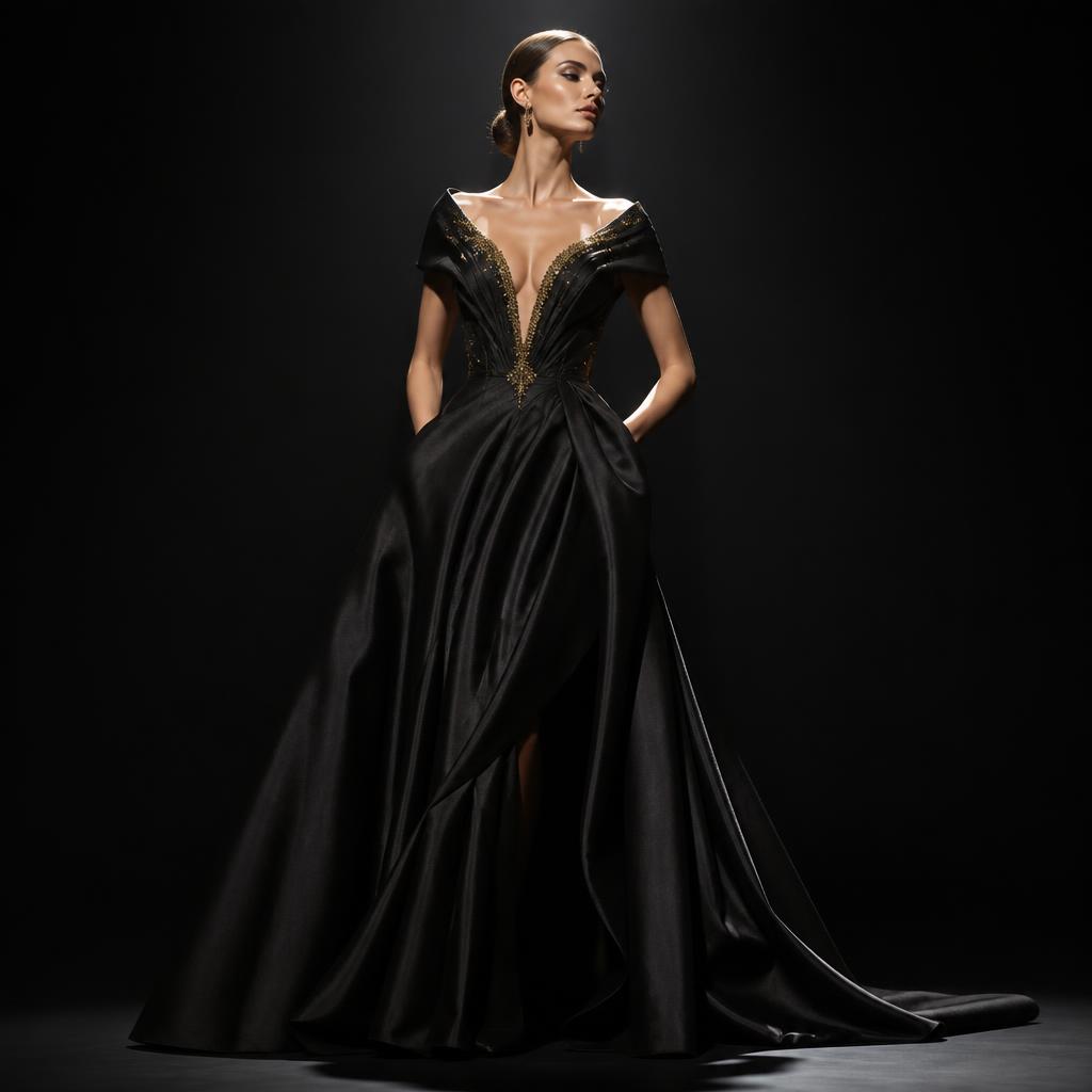 Sculpted black couture evening gown with delicate gold beadwork at the neckline