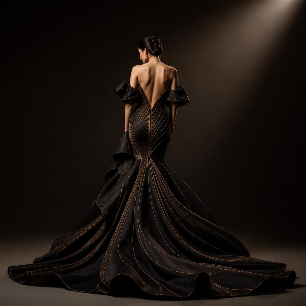Editorial silhouette of a black couture gown with gold thread accents
