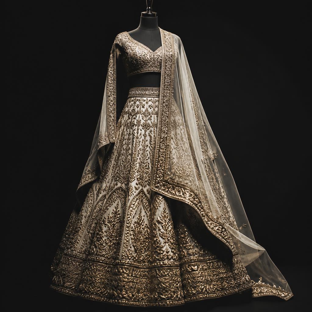 Ivory and gold zardozi bridal lehenga couture by Abhishek Tiwari