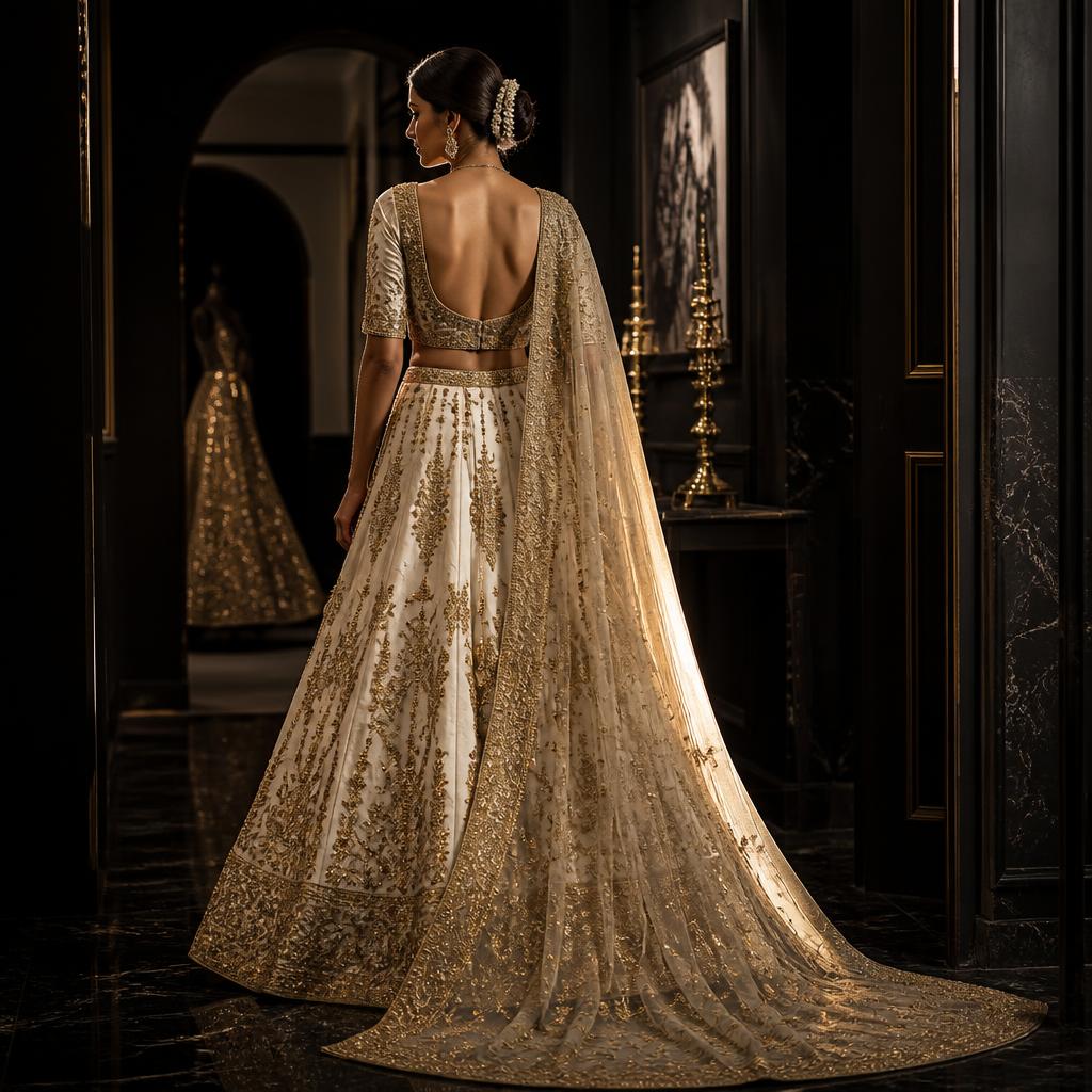 Back view of a bride in an ivory silk lehenga with a cascading gold dupatta