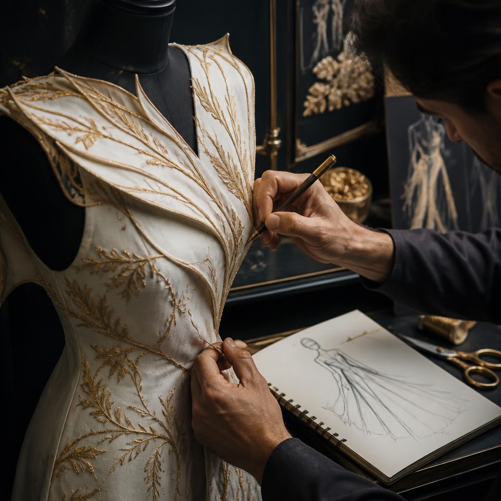 Designer's hands sketching and pinning a bespoke ivory and gold couture gown in the atelier