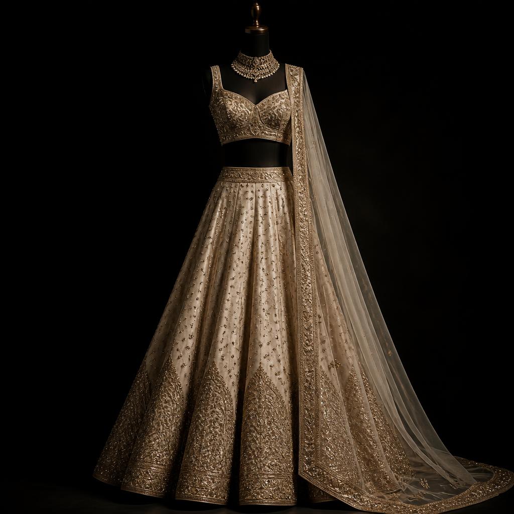 Champagne silk designer lehenga with gold sequin work on a black studio backdrop