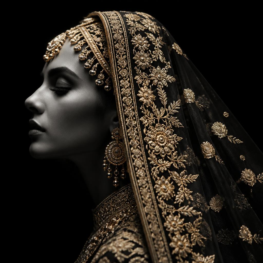 Editorial profile portrait of a bride in a gold-embroidered veil against a black backdrop