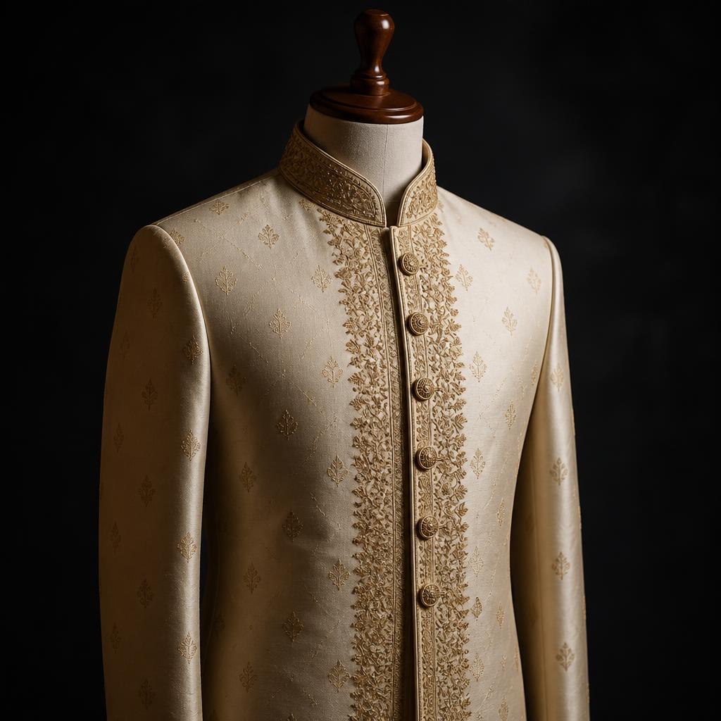 Ivory silk groom sherwani with gold zari embroidery and mandarin collar