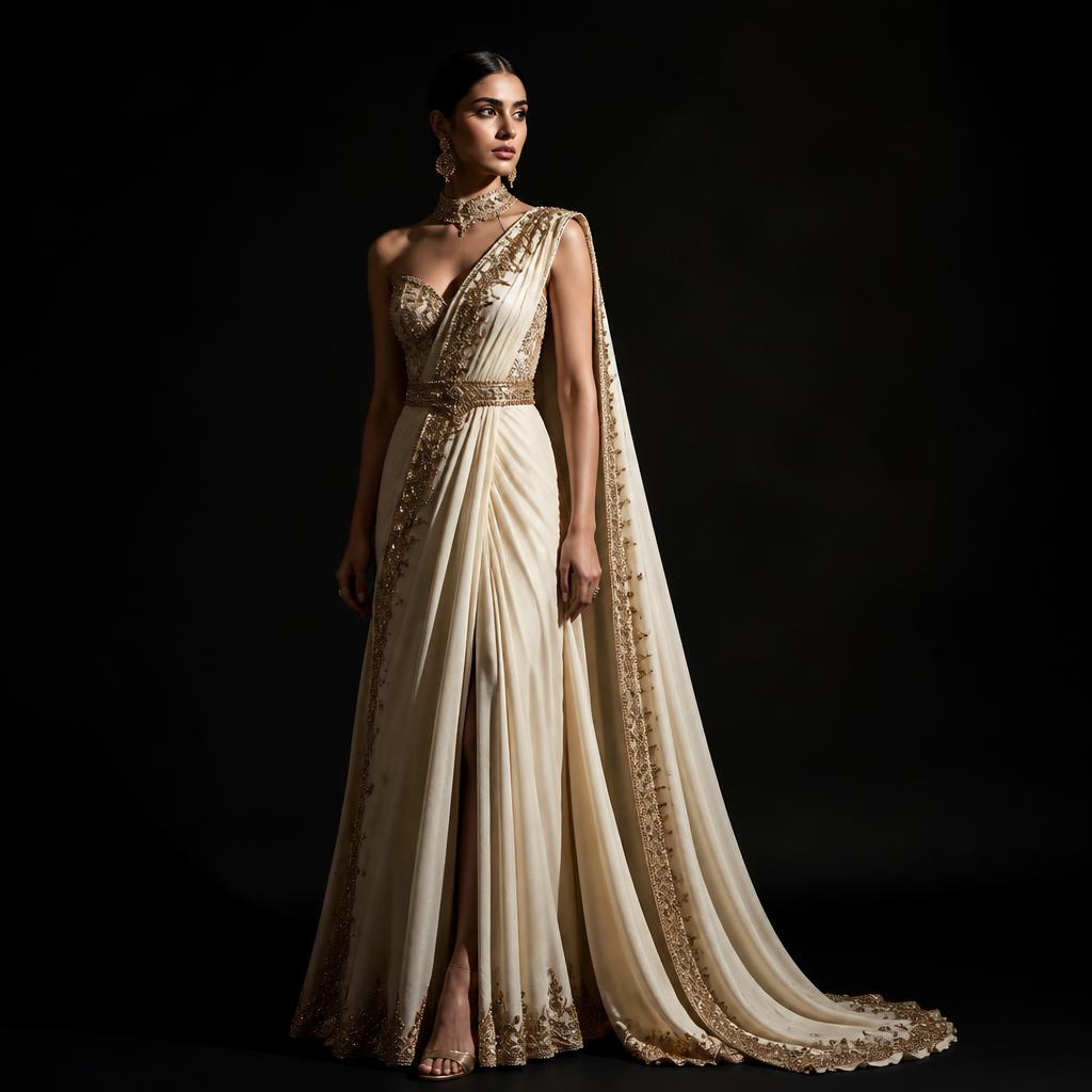 Ivory and gold Indo-western draped saree gown with a modern silhouette